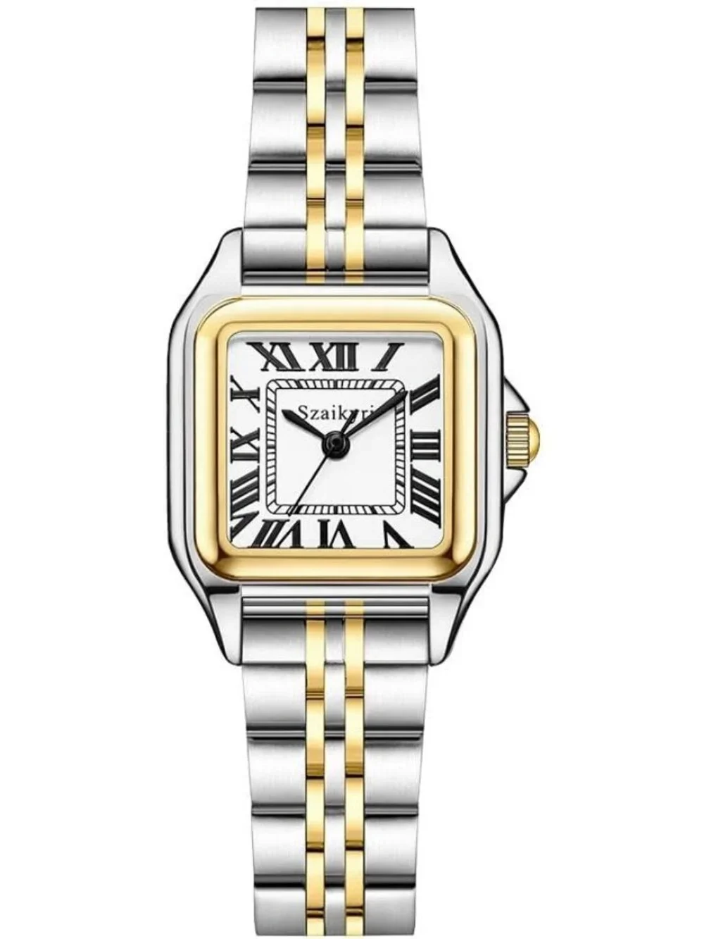 Women's Silver& Gold-Black Square Dial Dainty Vintage Stainless Steel Band Watch